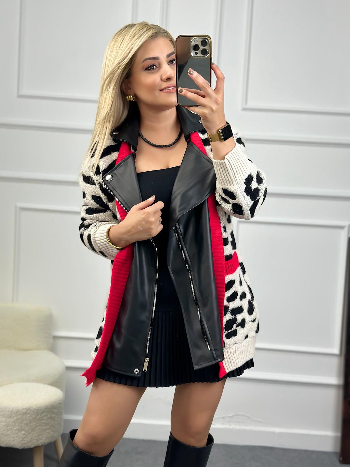 Deri Detaylı Fermuarlı Hırka KIRMIZI SİYAH