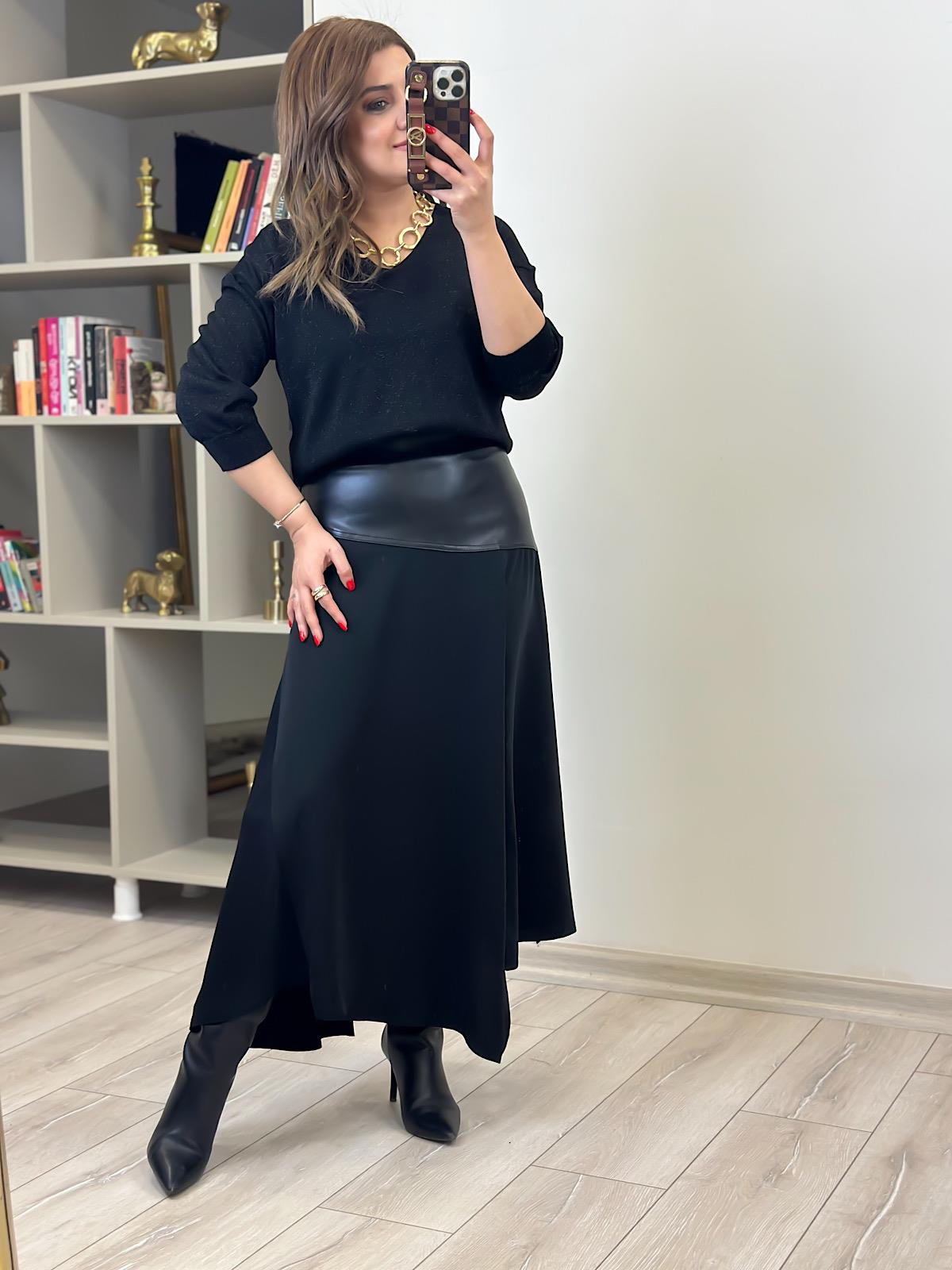 Deri Mix Garnili Yırtmaçlı Etek SİYAH