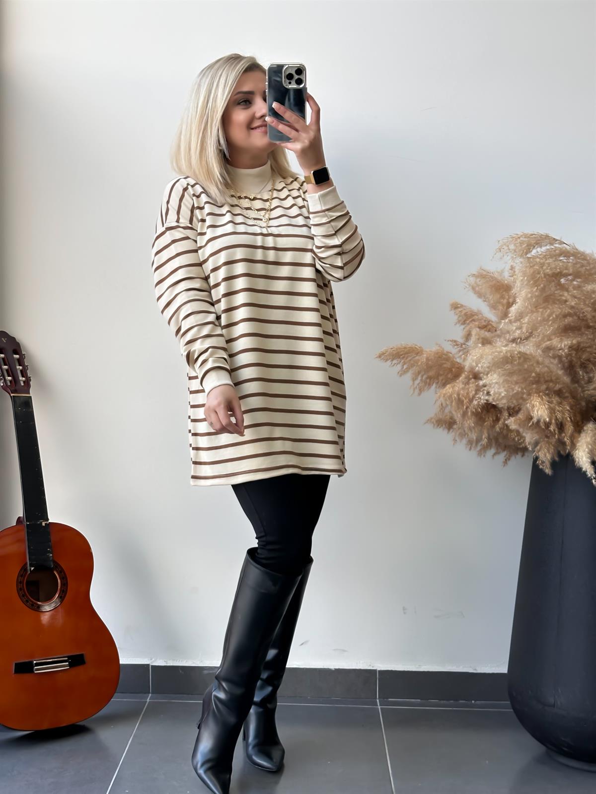 Dik Yaka  İnce Çizgili Pamuk Kumaş  Sweatshirt KAHVE