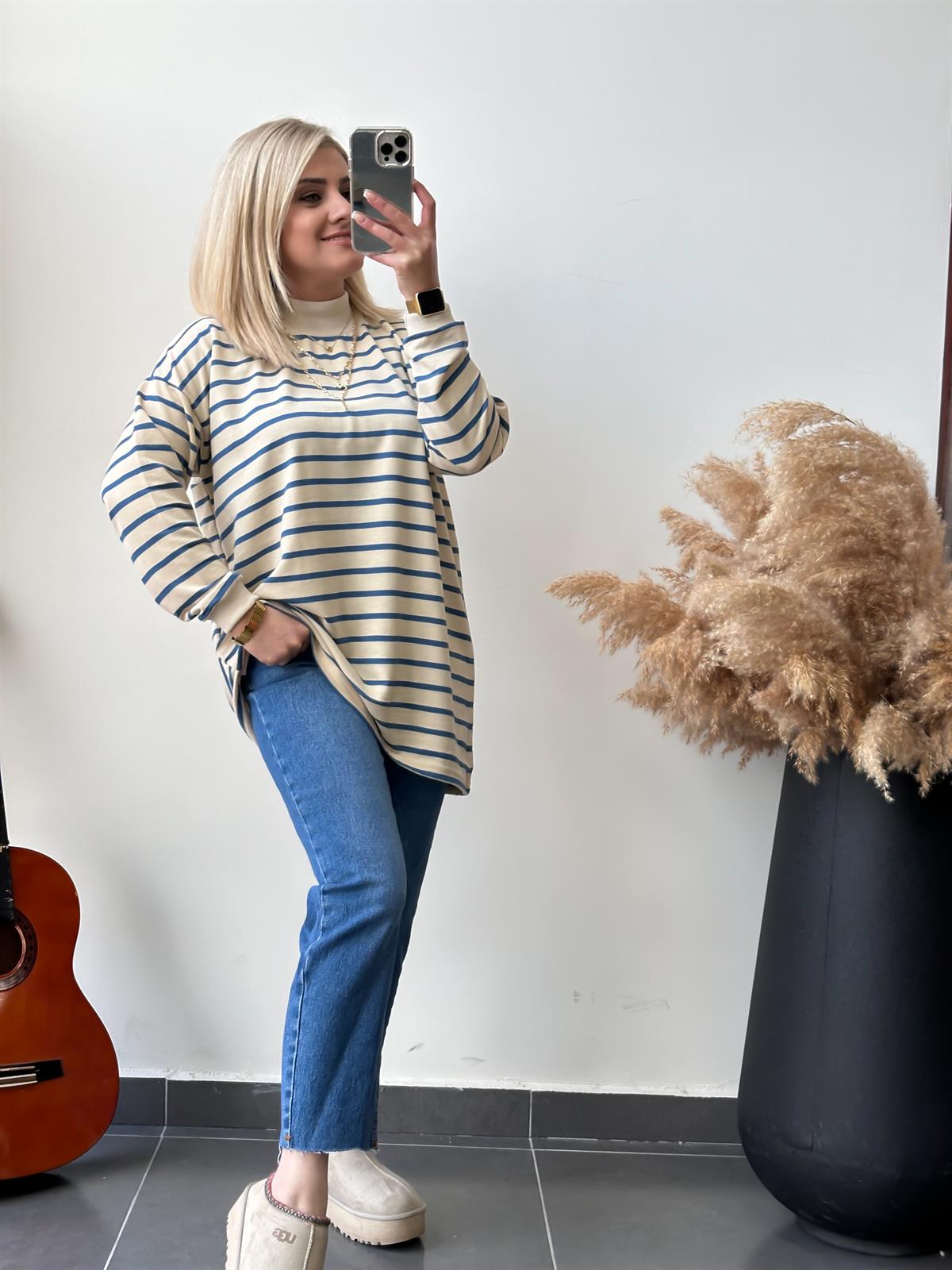Dik Yaka  İnce Çizgili Pamuk Kumaş  Sweatshirt MAVİ