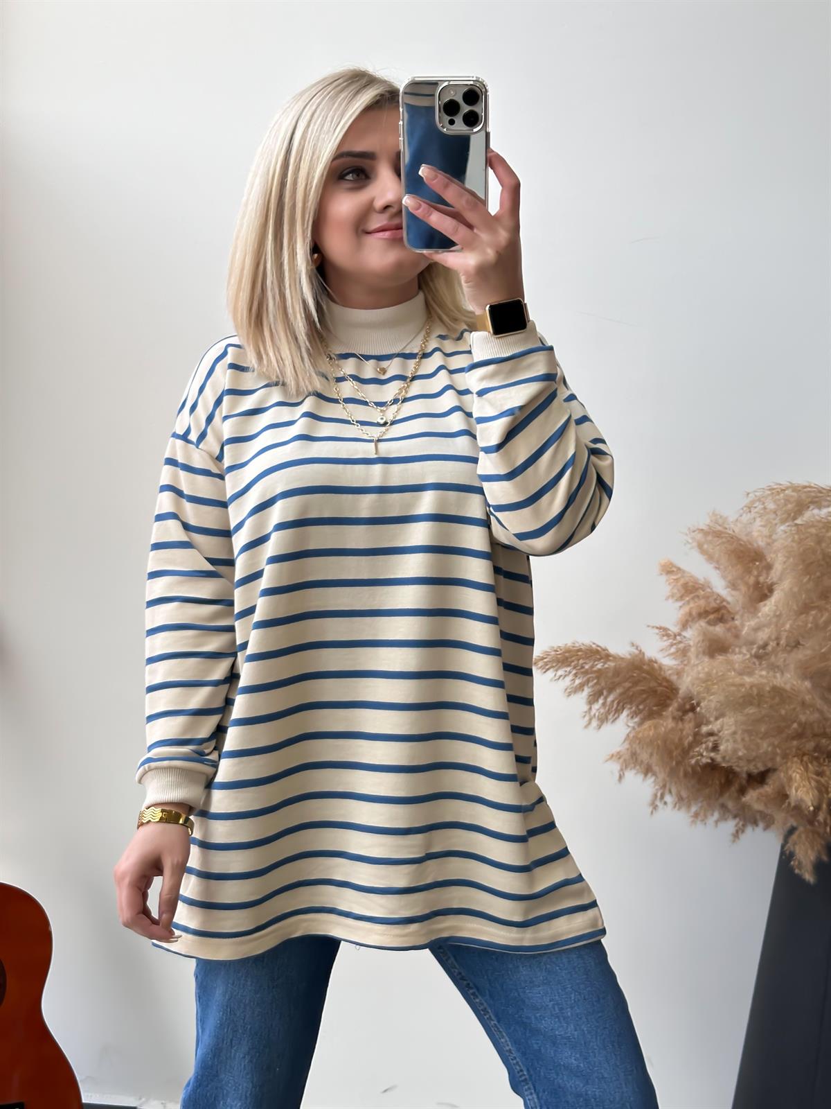 Dik Yaka  İnce Çizgili Pamuk Kumaş  Sweatshirt MAVİ