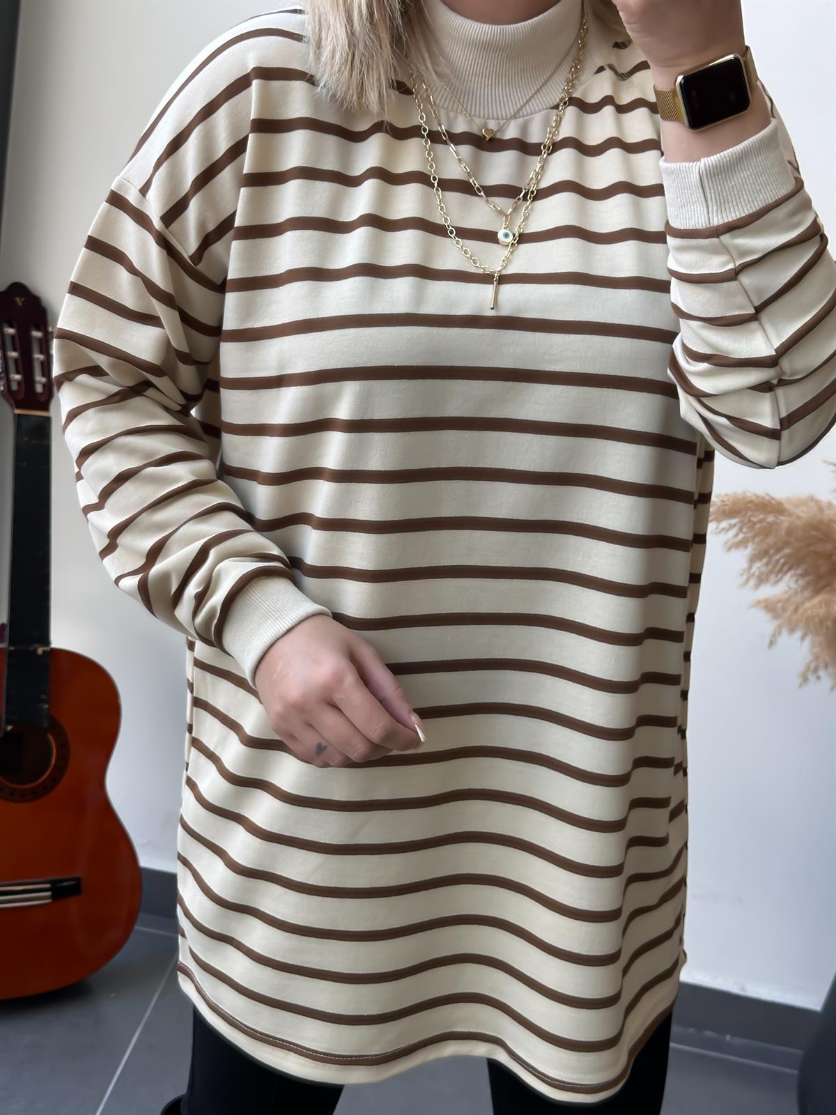 Dik Yaka  İnce Çizgili Pamuk Kumaş  Sweatshirt KAHVE