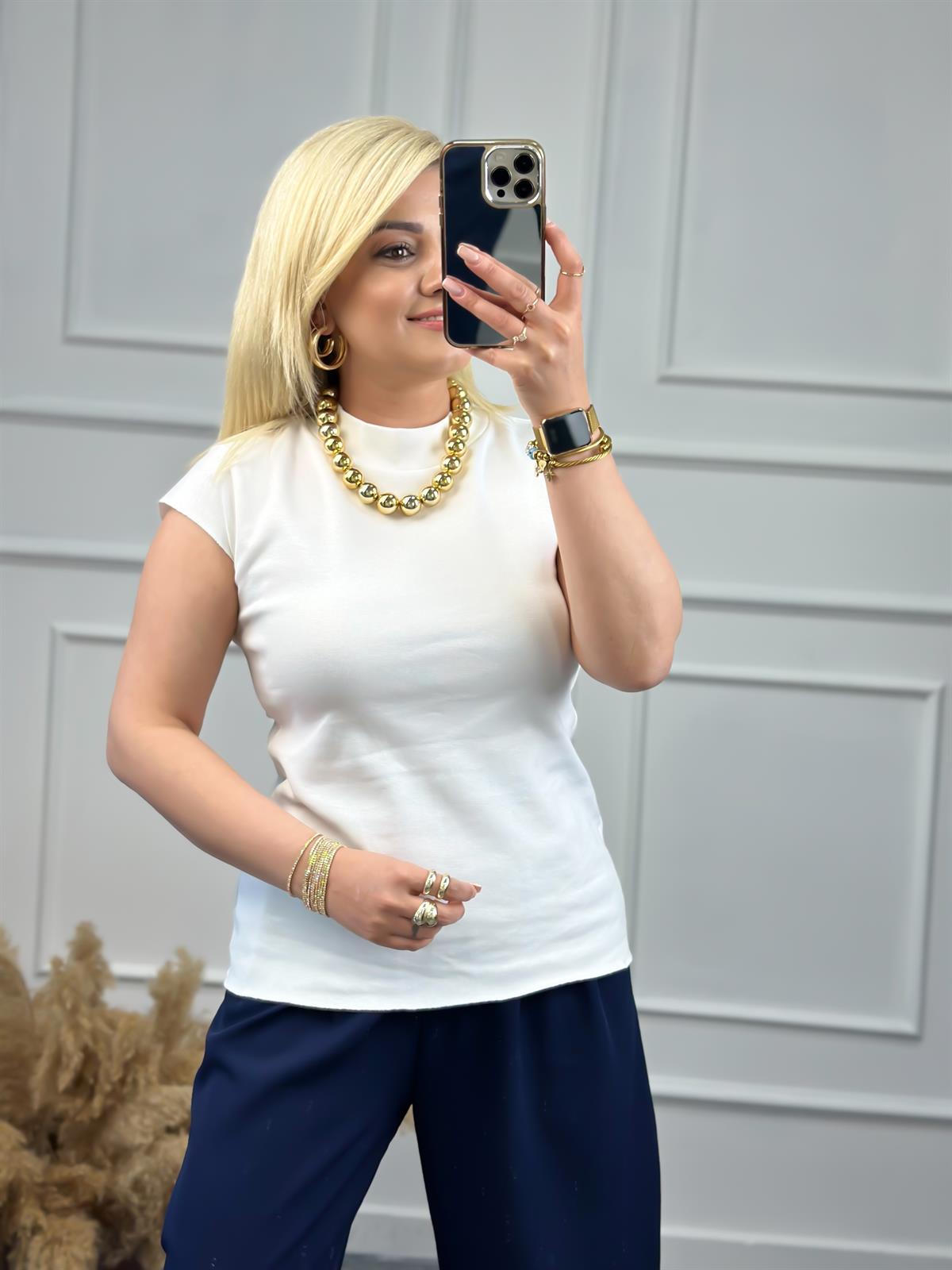 Dik Yaka Ottoman Kumaş Tshirt BEYAZ