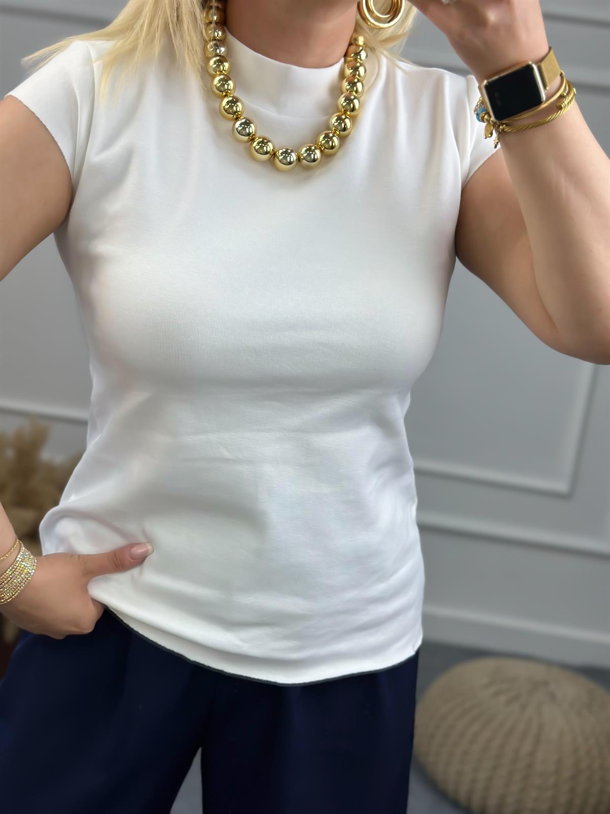 Dik Yaka Ottoman Kumaş Tshirt BEYAZ