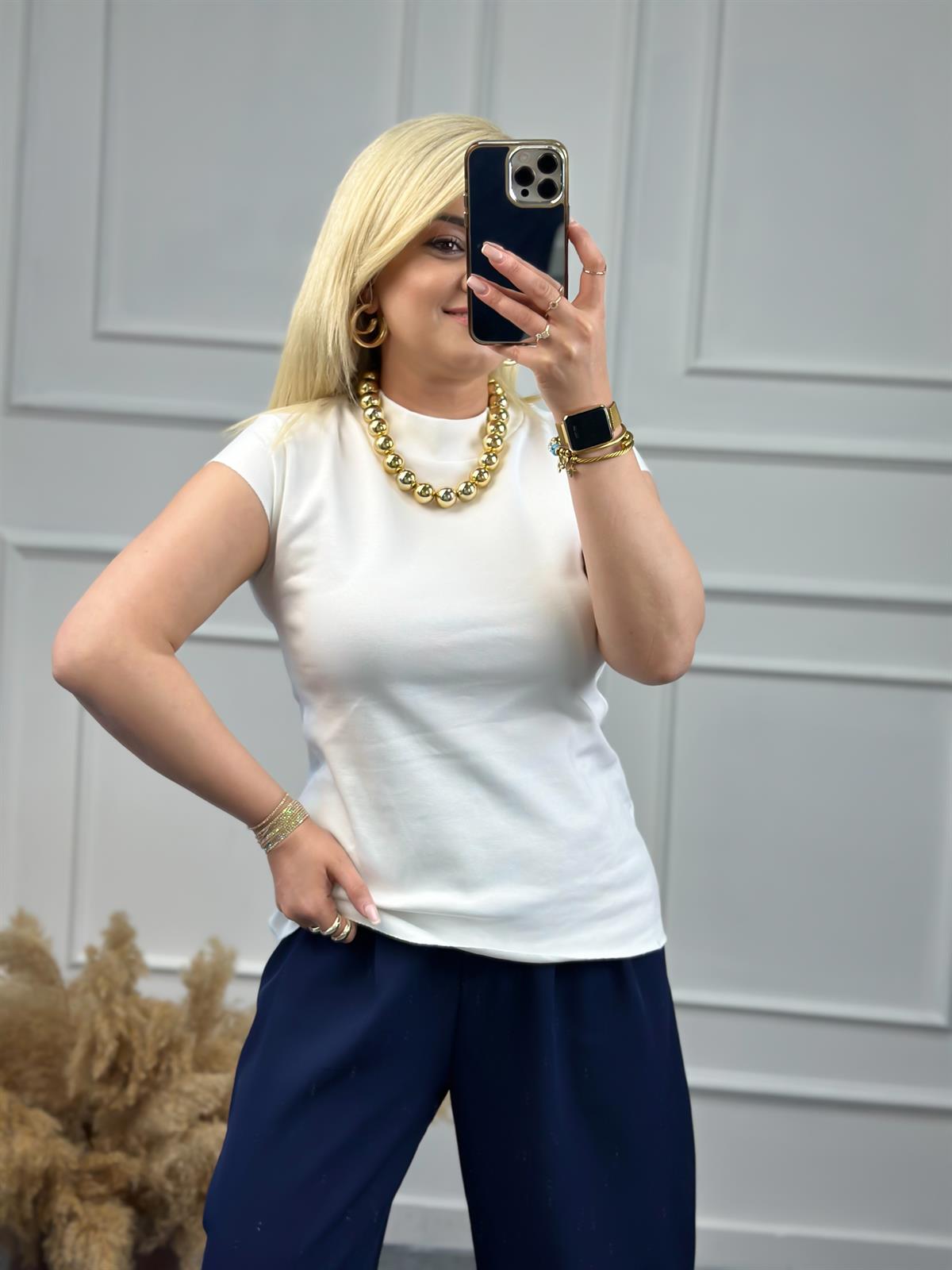 Dik Yaka Ottoman Kumaş Tshirt BEYAZ