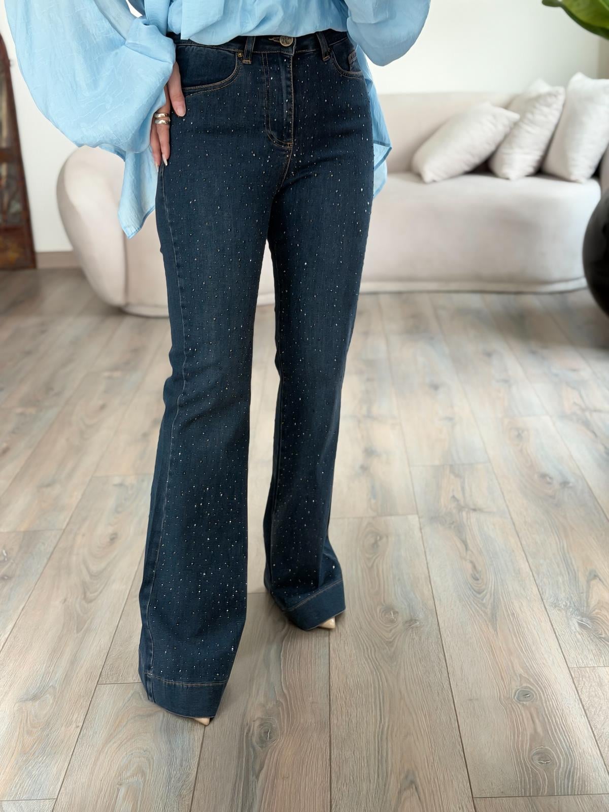 Dikişli Paca Yüksek Bel Önü Damla Taşlı İspanyol Jean TAŞLANMIŞ KAHVE