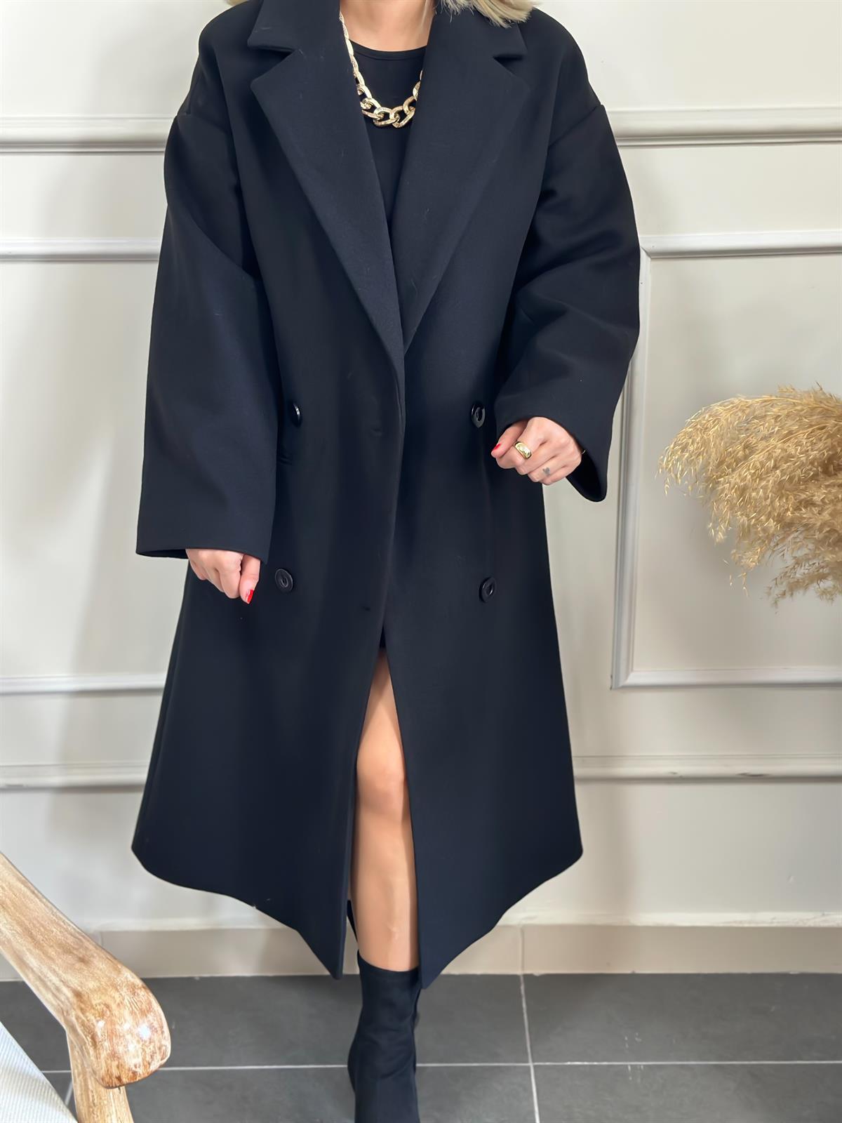 Dört Düğme Cepli Kaşe Kaban SİYAH