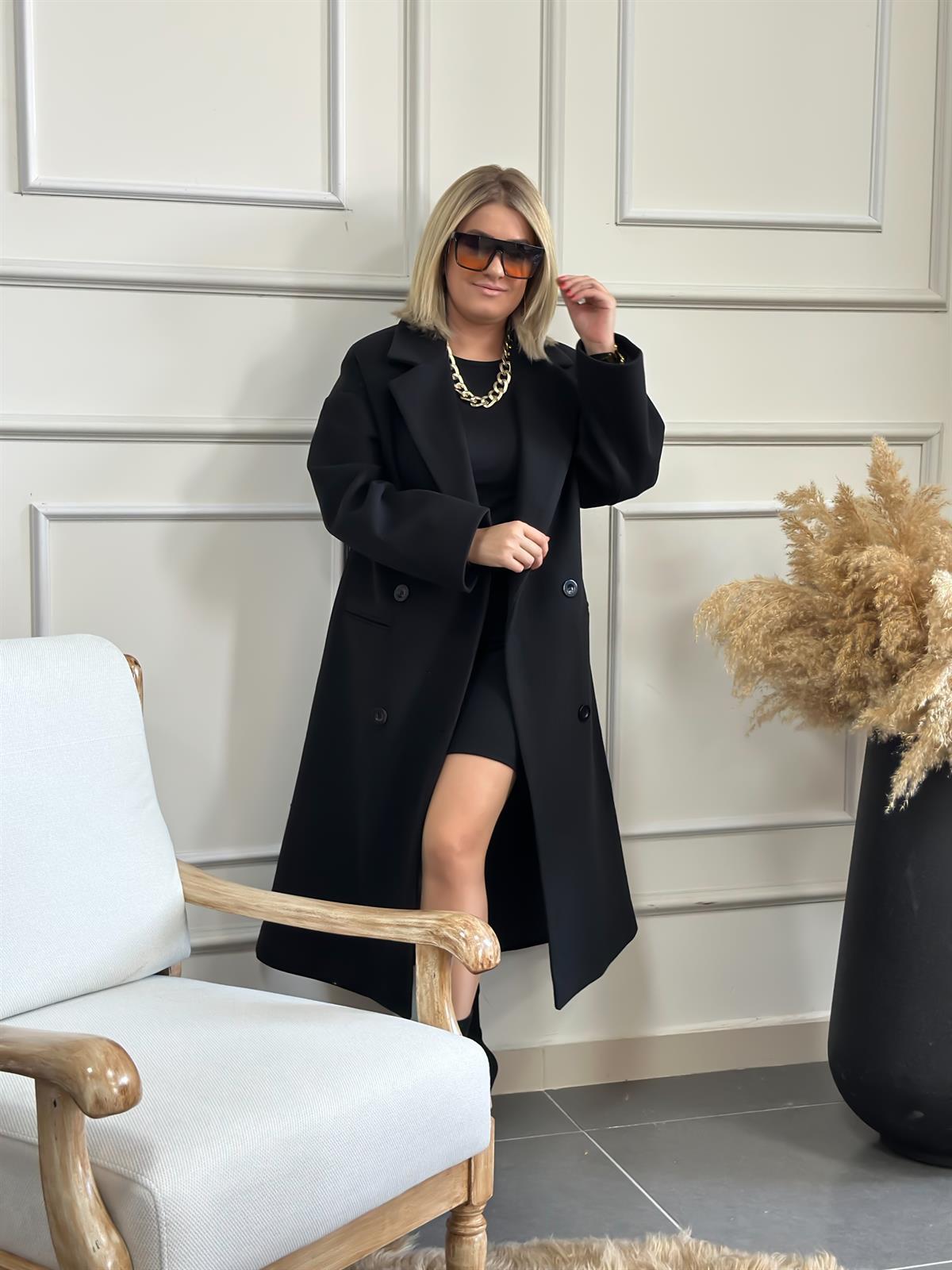 Dört Düğme Cepli Kaşe Kaban SİYAH