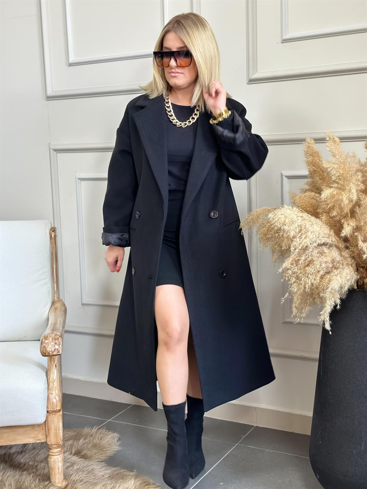 Dört Düğme Cepli Kaşe Kaban SİYAH