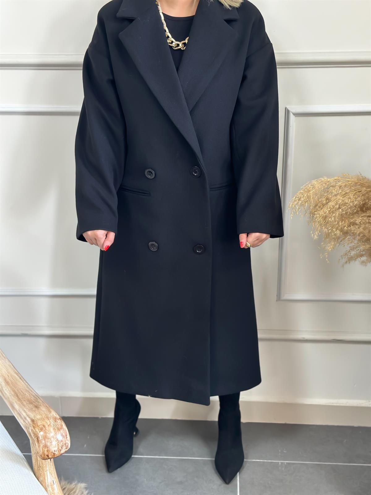 Dört Düğme Cepli Kaşe Kaban SİYAH