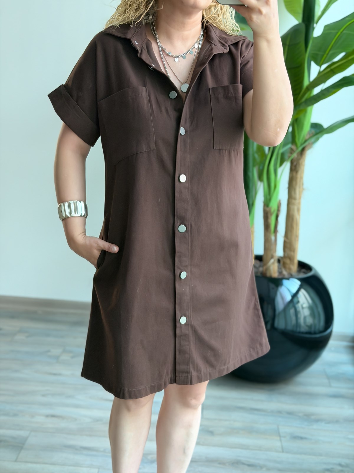 Double Kol Yıkamalı Gabardin Elbise KAHVE