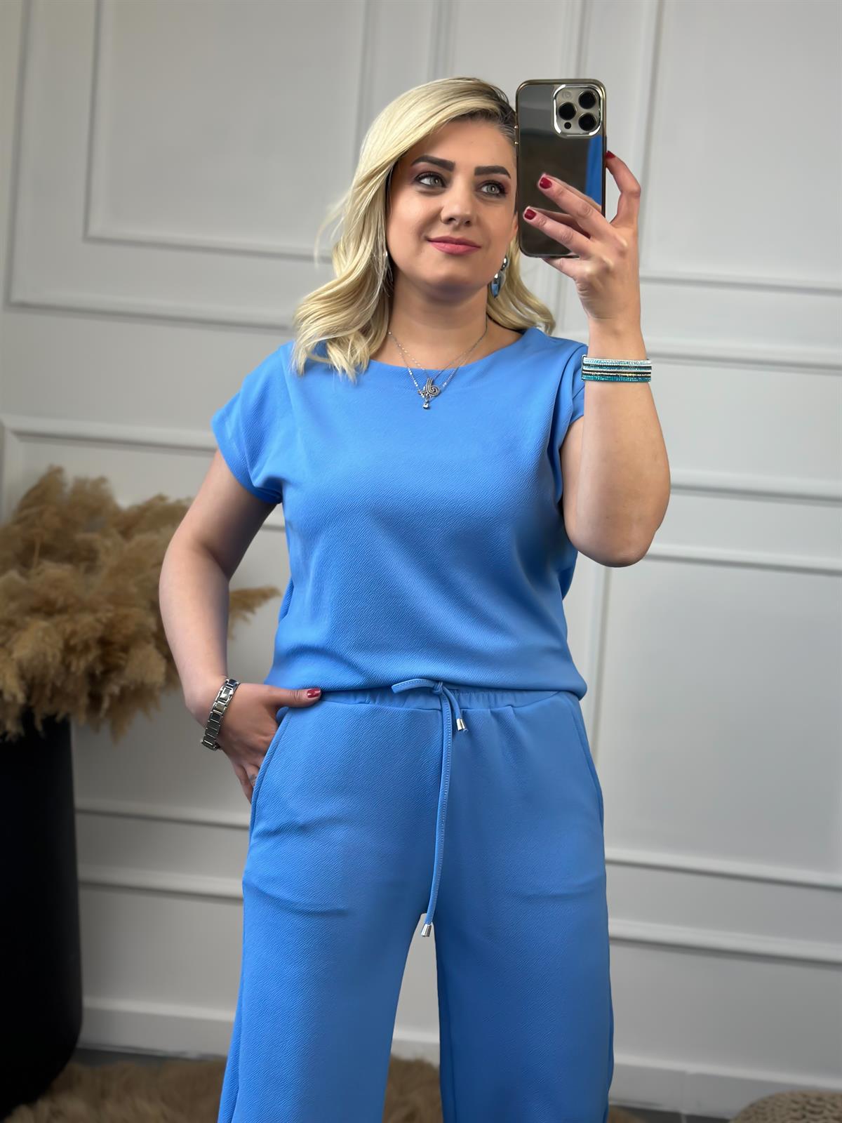 Drapeli Likralı Crep Kumaş Bluz Pantolon Takım MAVİ