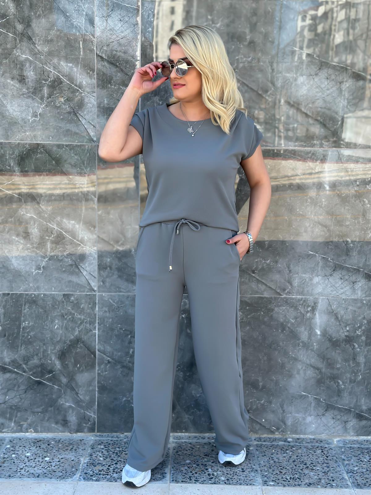 Drapeli Likralı Crep Kumaş Bluz Pantolon Takım ANTRASİT