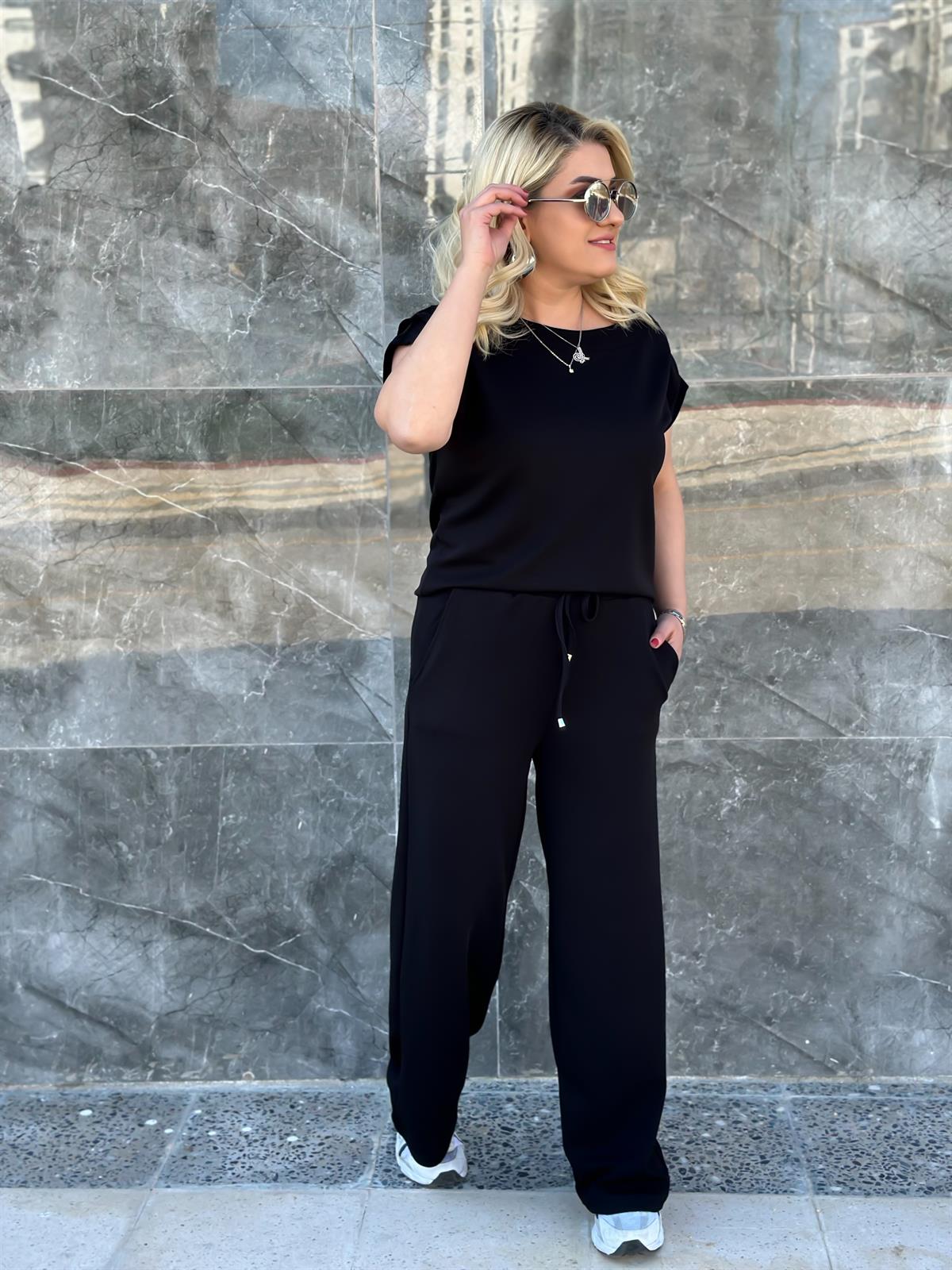 Drapeli Likralı Crep Kumaş Bluz Pantolon Takım SİYAH