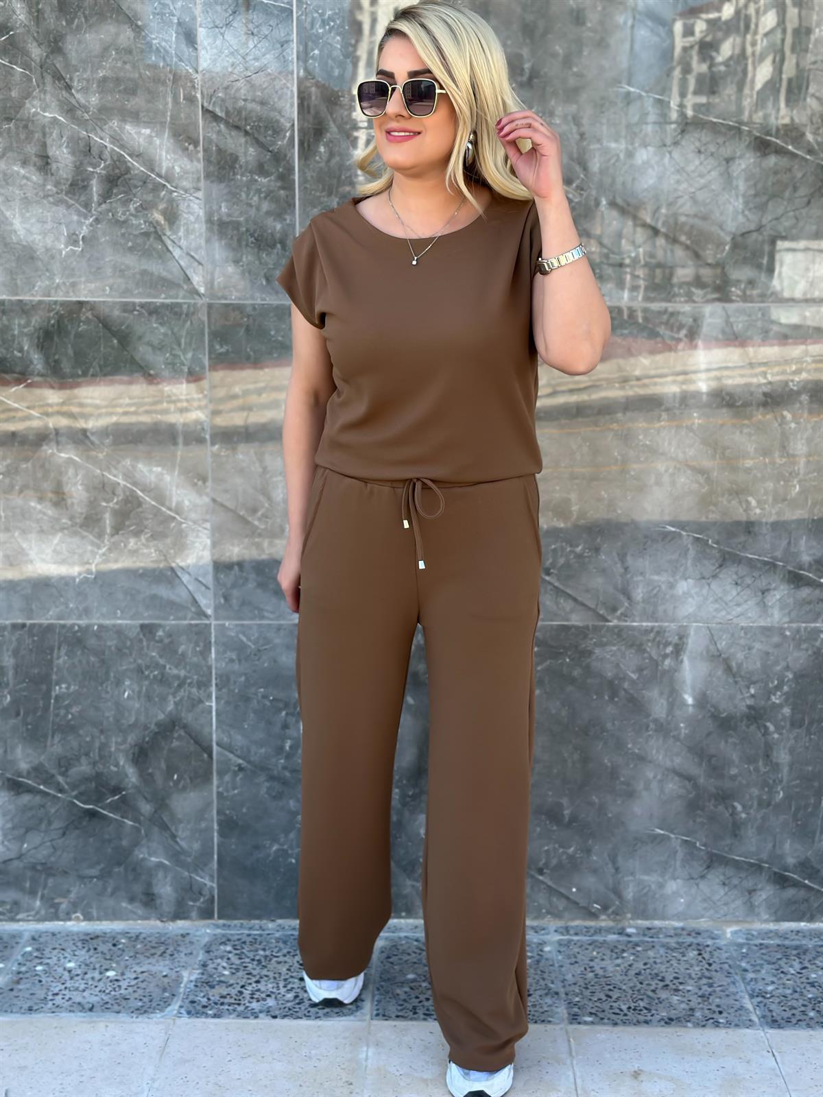 Drapeli Likralı Crep Kumaş Bluz Pantolon Takım KAHVE