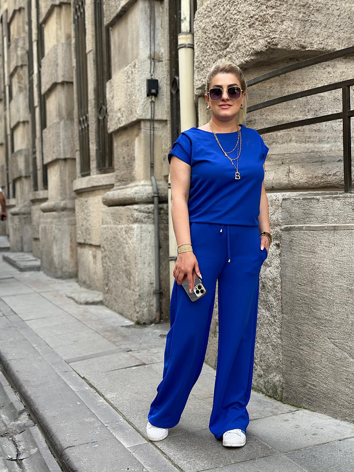Drapeli Likralı Crep Kumaş Bluz Pantolon Takım SAKS