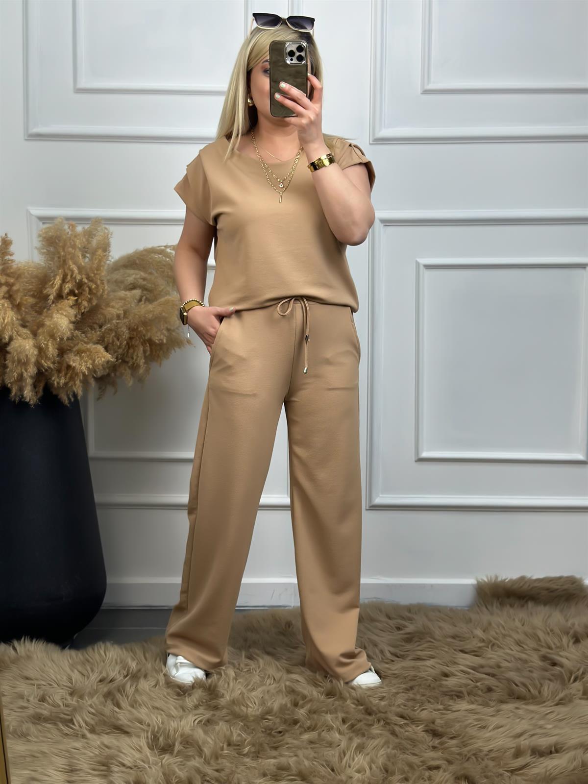 Drapeli Likralı Crep Kumaş Bluz Pantolon Takım VİZON