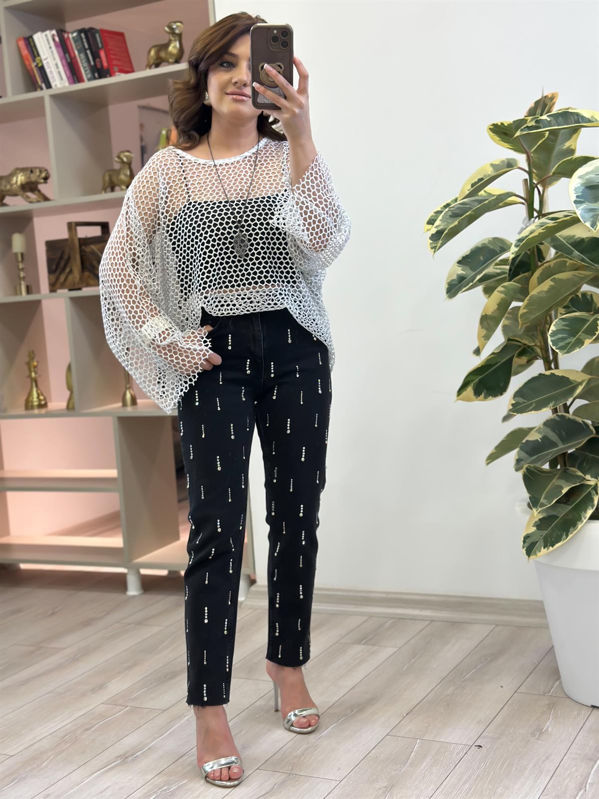 Droplı Taş Detaylı Jean SİYAH
