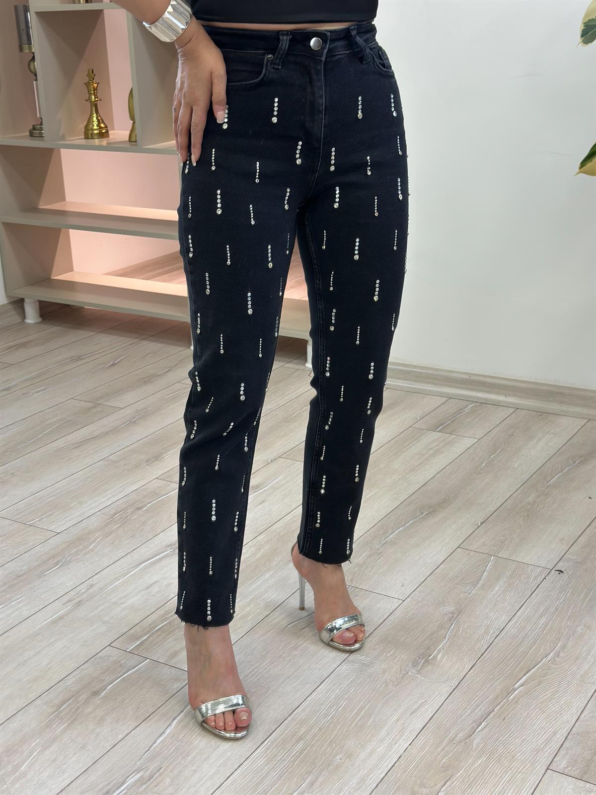 Droplı Taş Detaylı Jean SİYAH
