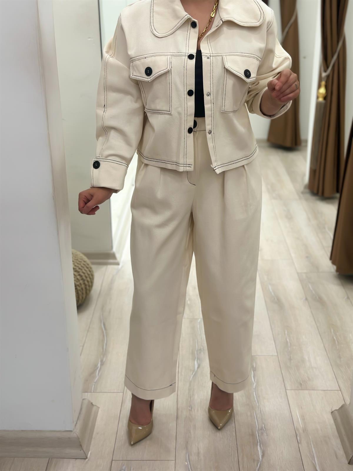 Düğmeli Denim Pantolon Takım EKRU