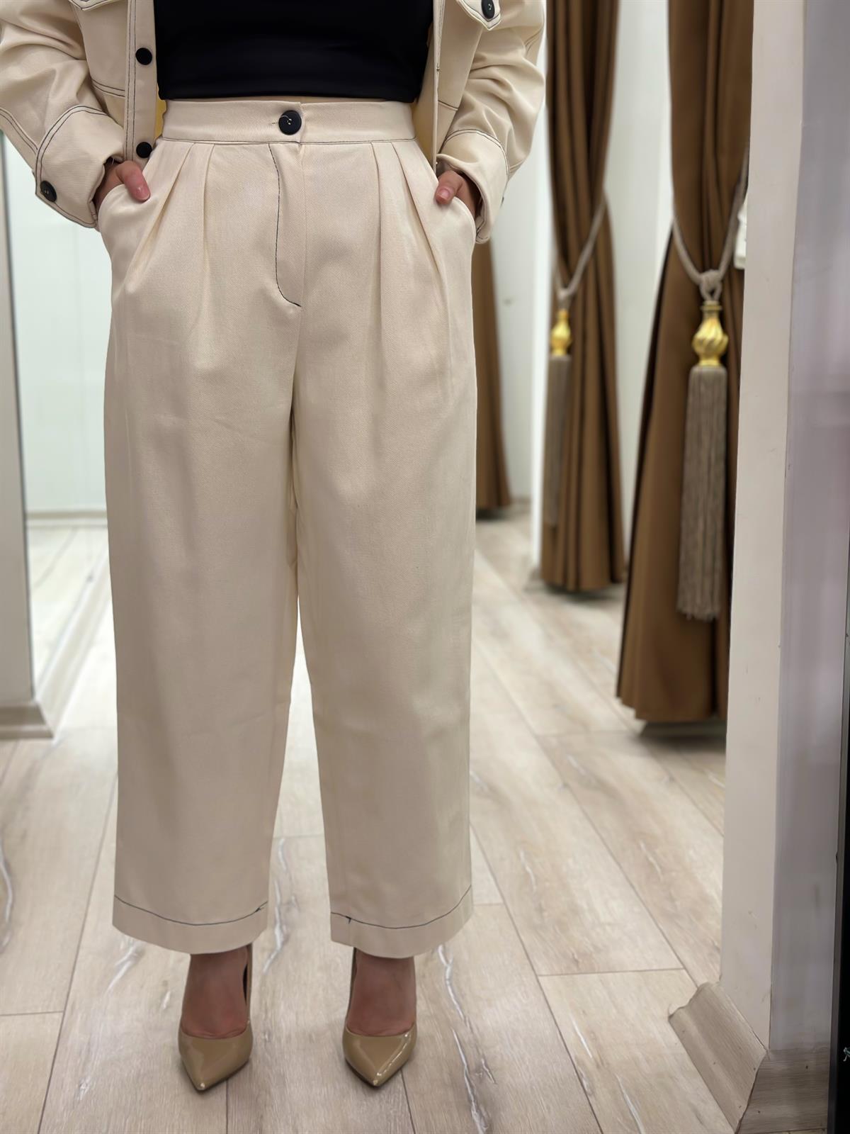 Düğmeli Denim Pantolon Takım EKRU