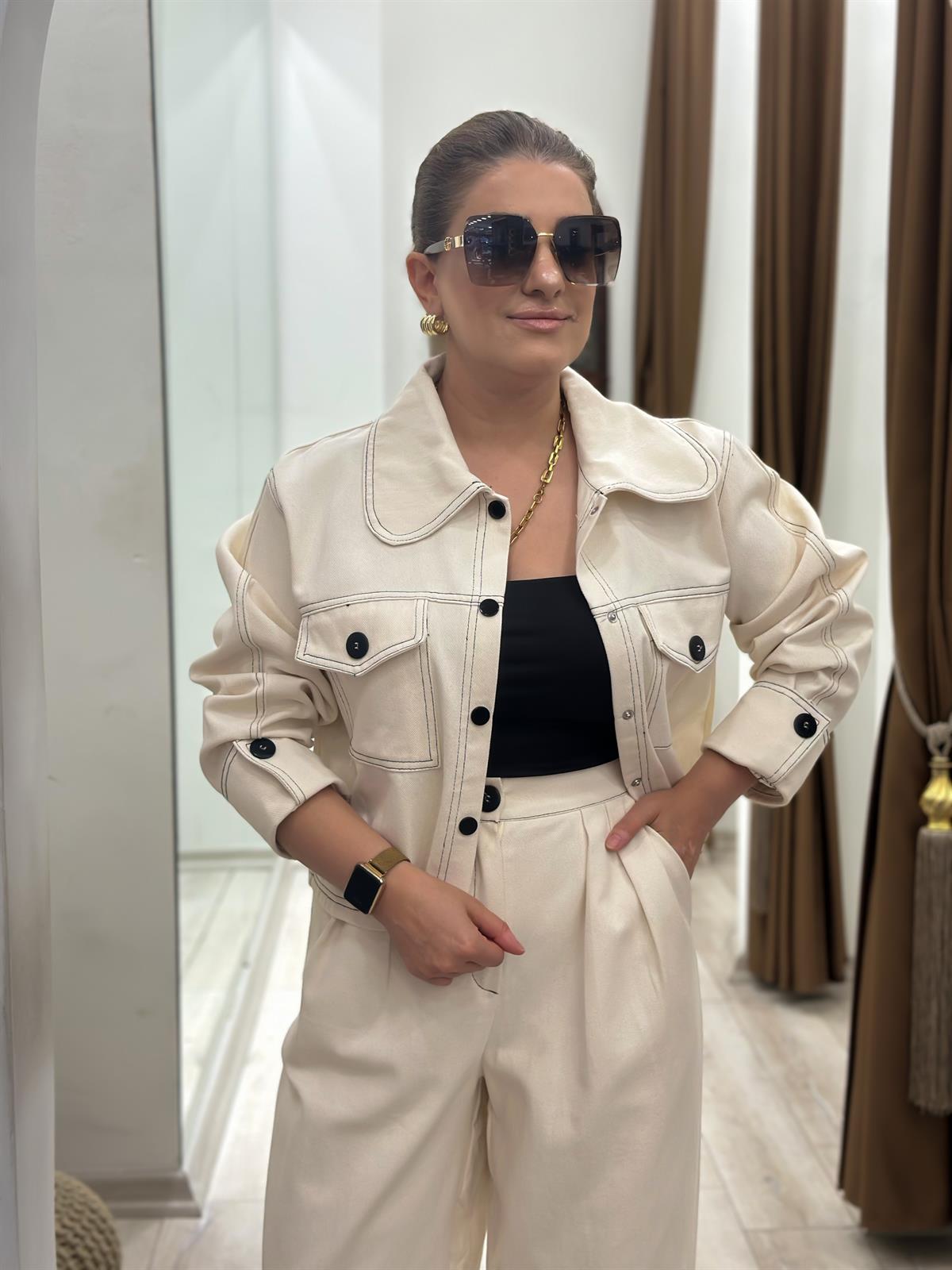 Düğmeli Denim Pantolon Takım EKRU