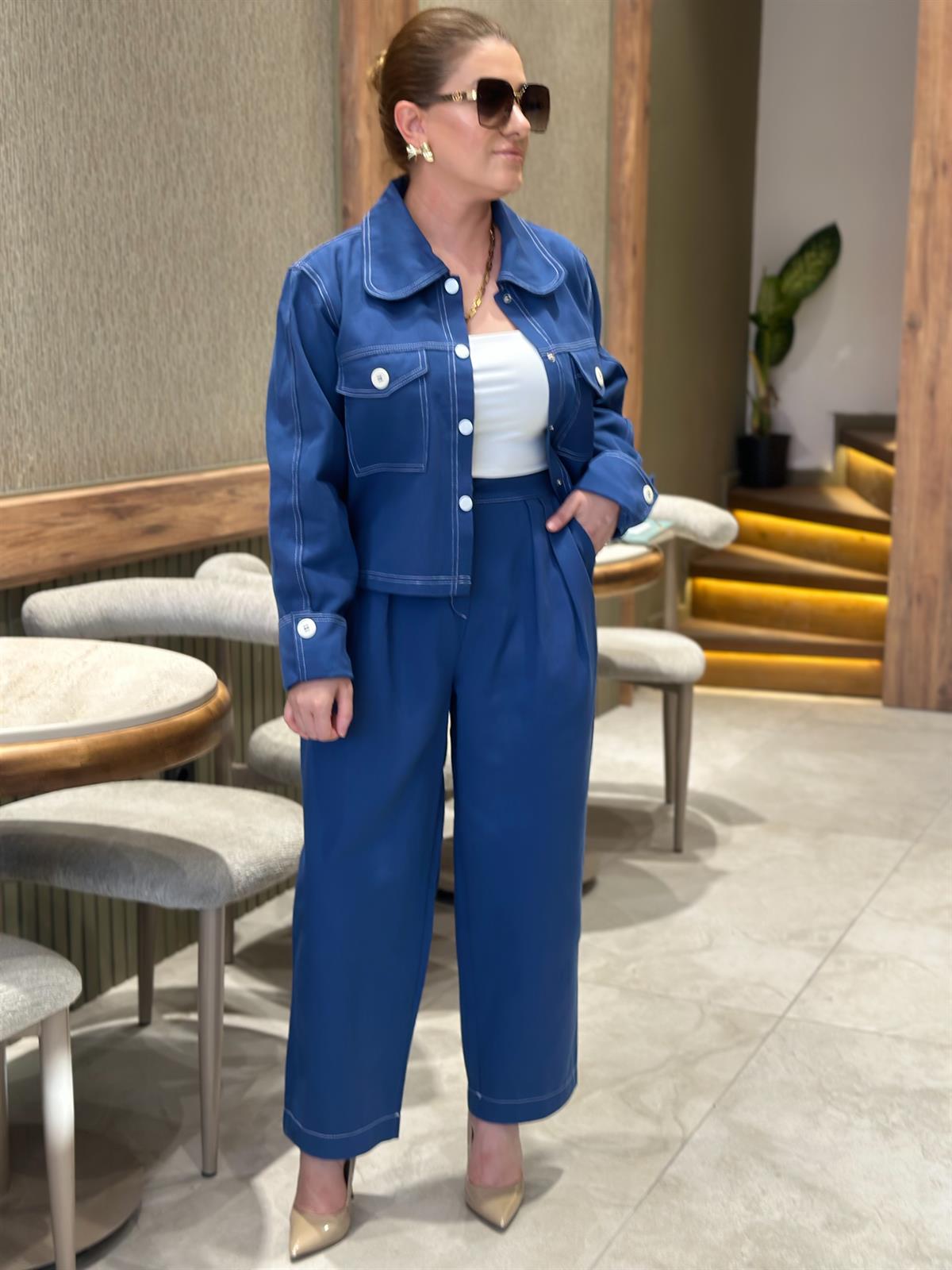 Düğmeli Denim Pantolon Takım İNDİGO
