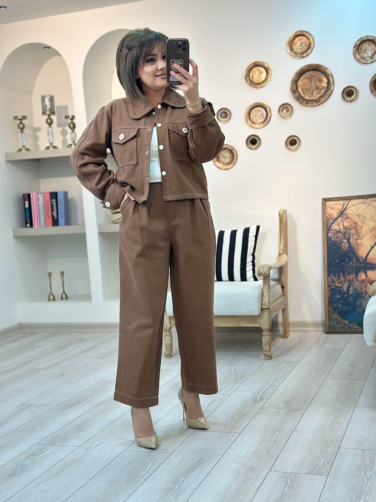 Düğmeli Denim Pantolon Takım KAHVE