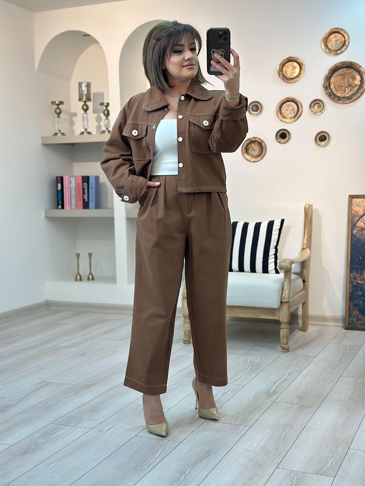 Düğmeli Denim Pantolon Takım KAHVE