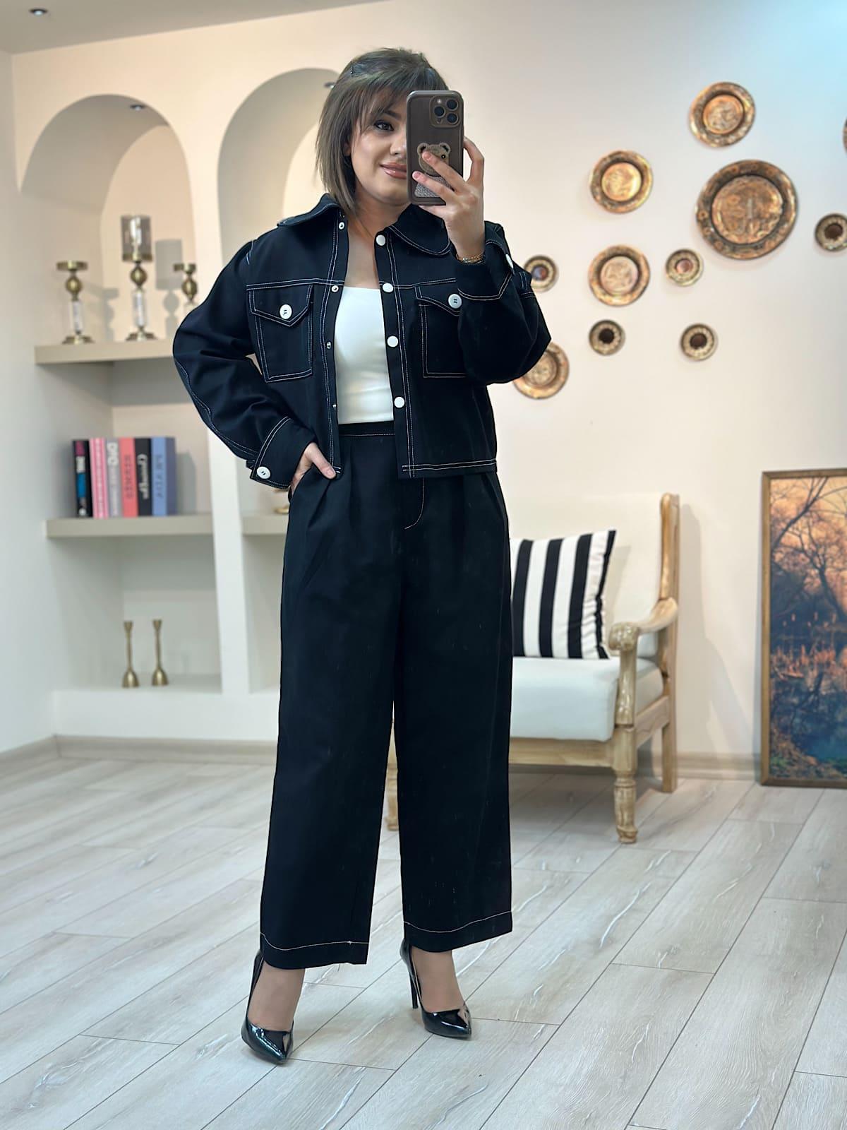 Düğmeli Denim Pantolon Takım SİYAH