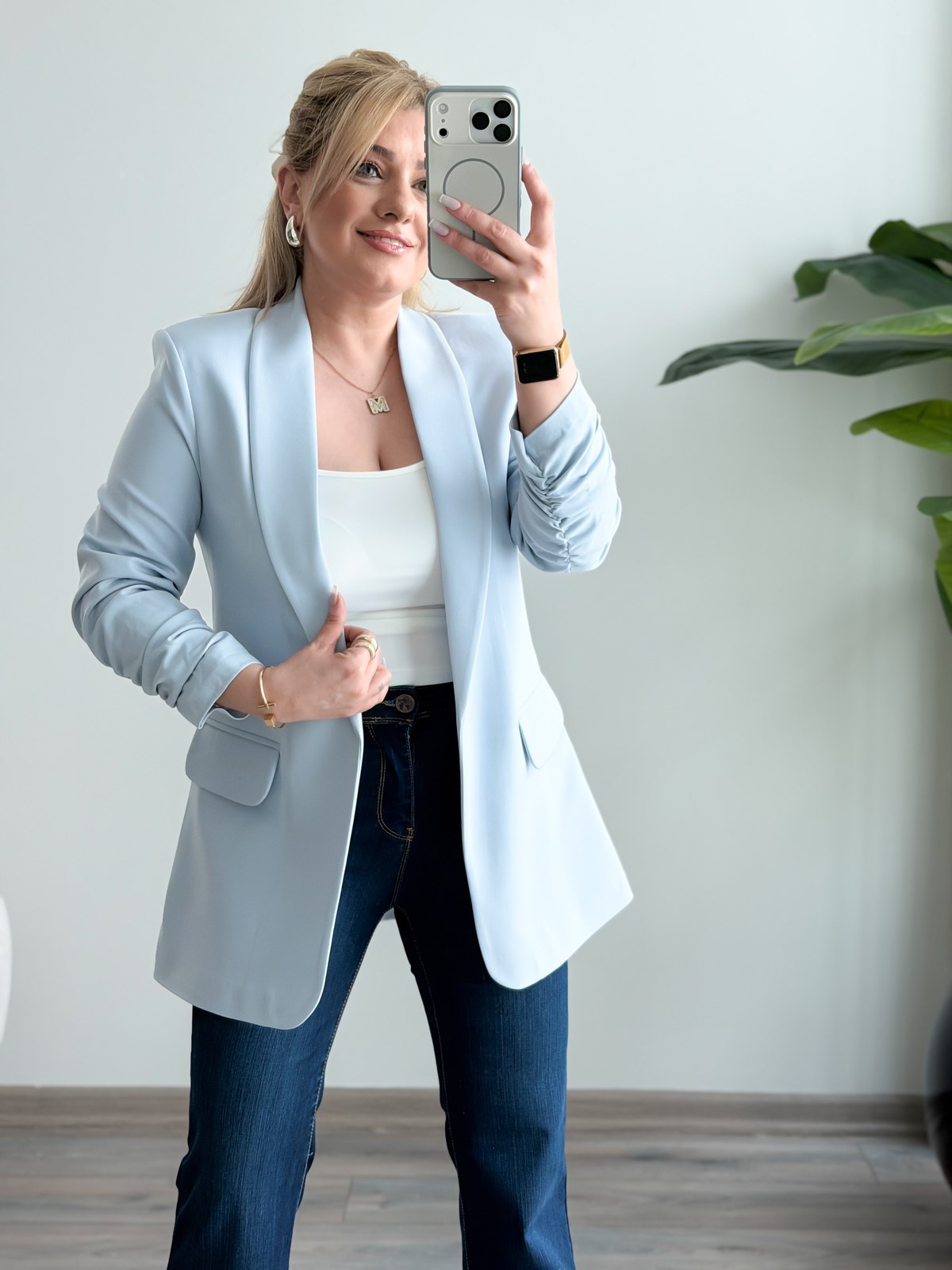 Düğmesiz Astarlı Kolu Büzgülü Blazer Ceket AÇIK MAVİ