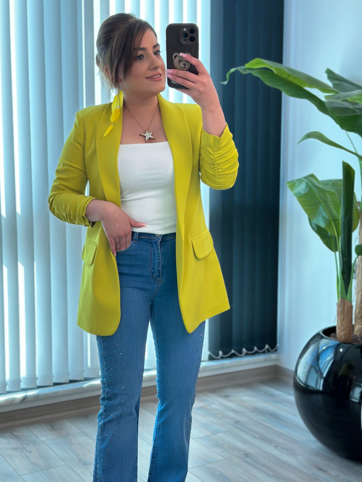 Düğmesiz Astarlı Kolu Büzgülü Blazer Ceket Kivi