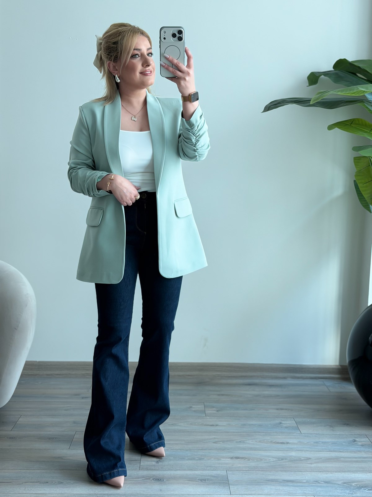 Düğmesiz Astarlı Kolu Büzgülü Blazer Ceket Mint
