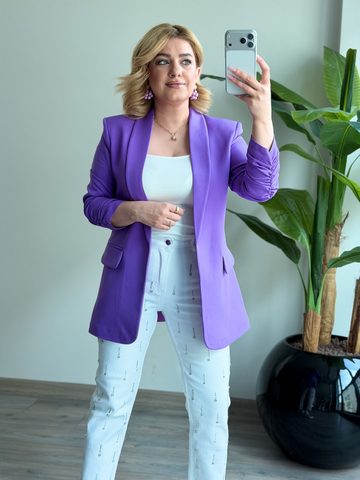 Düğmesiz Astarlı Kolu Büzgülü Blazer Ceket LİLA