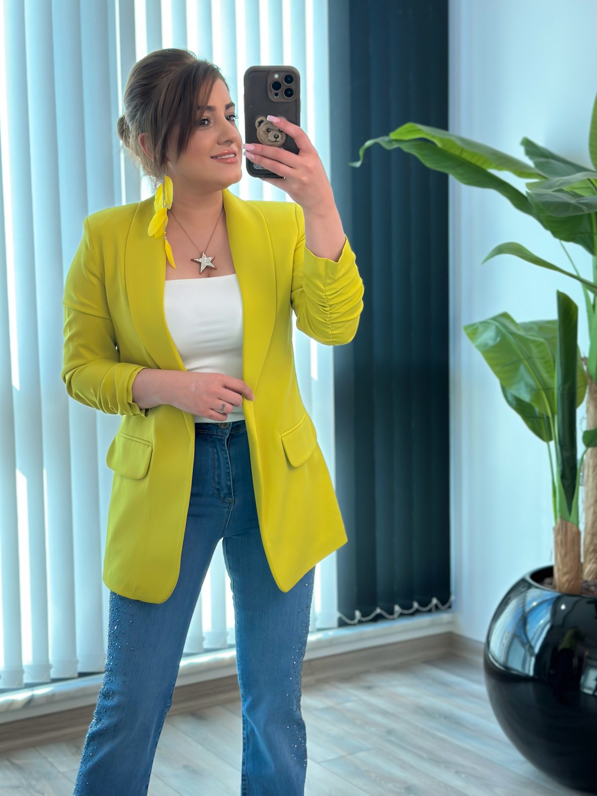Düğmesiz Astarlı Kolu Büzgülü Blazer Ceket Kivi