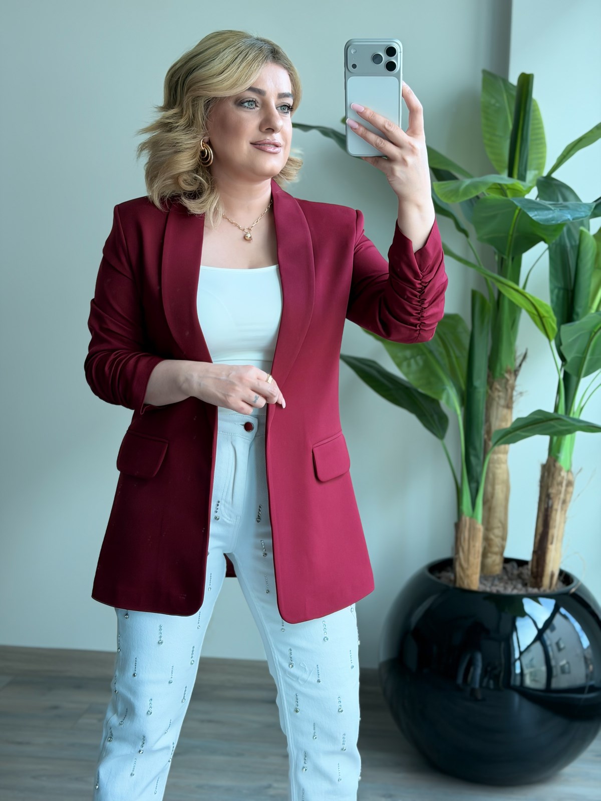 Düğmesiz Astarlı Kolu Büzgülü Blazer Ceket BORDO