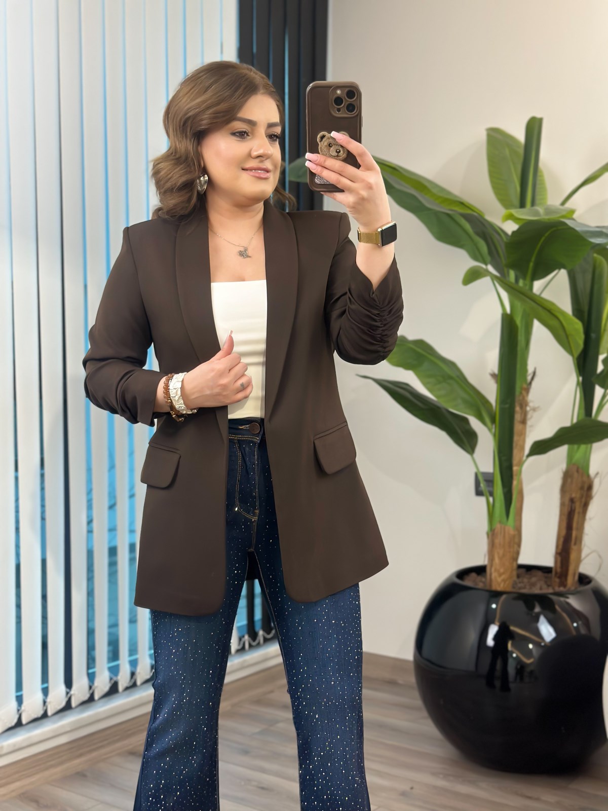 Düğmesiz Astarlı Kolu Büzgülü Blazer Ceket ACI KAHVE