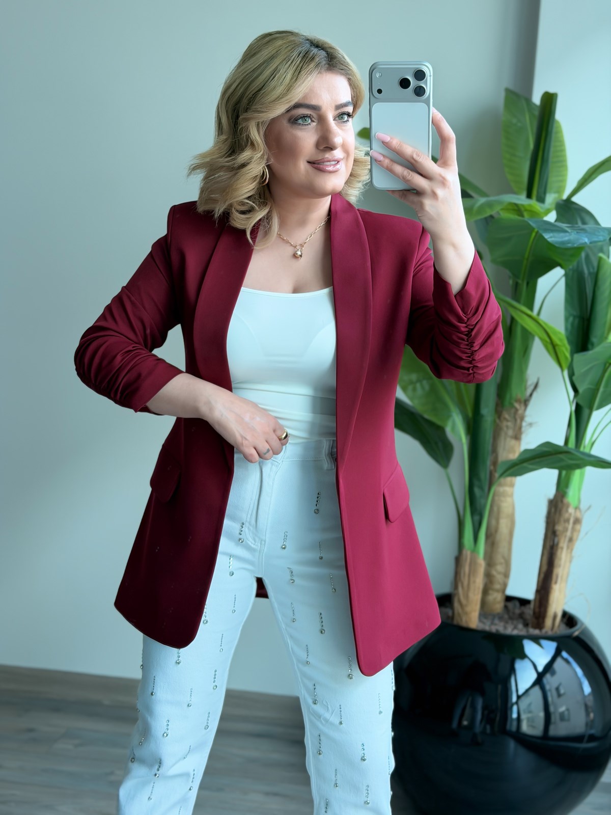 Düğmesiz Astarlı Kolu Büzgülü Blazer Ceket BORDO