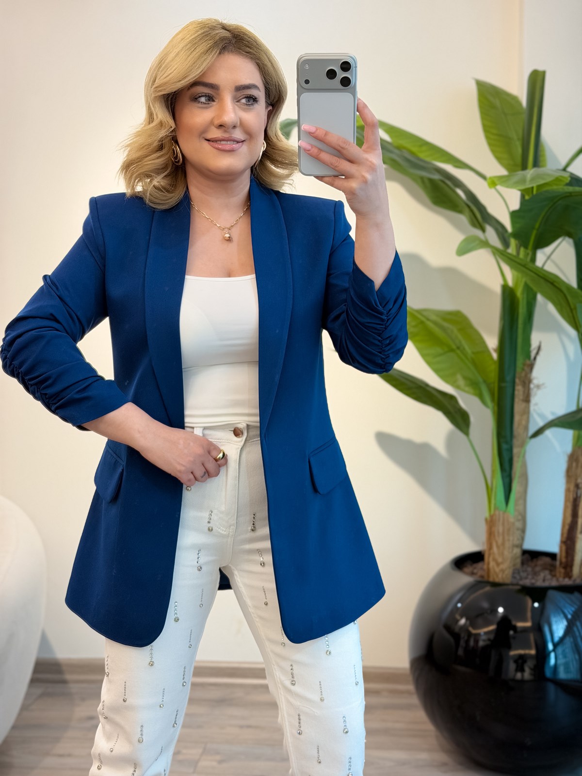 Düğmesiz Astarlı Kolu Büzgülü Blazer Ceket İNDİGO