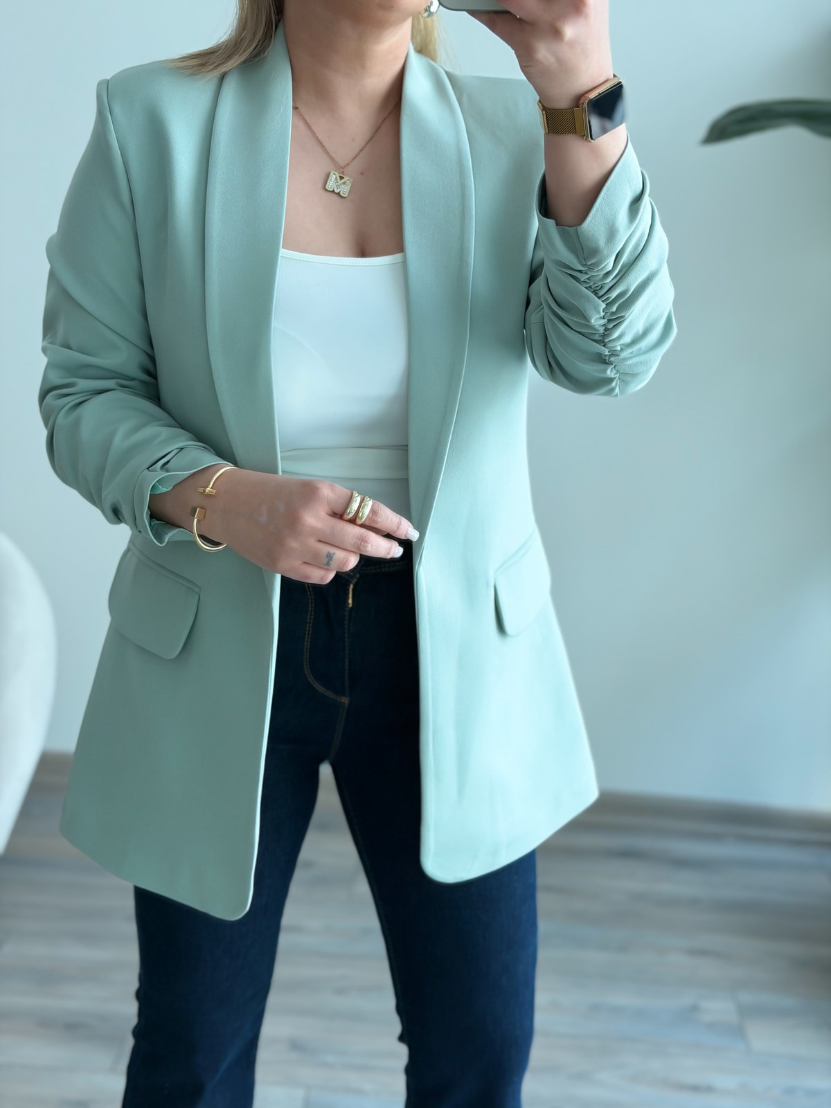 Düğmesiz Astarlı Kolu Büzgülü Blazer Ceket Mint
