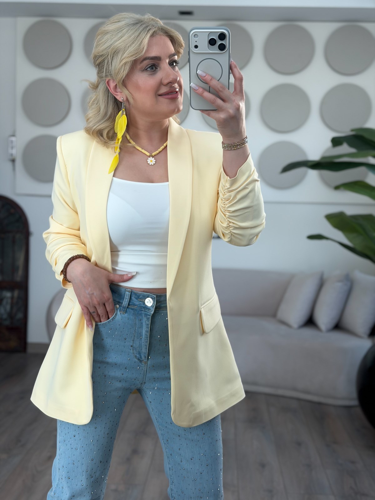 Düğmesiz Astarlı Kolu Büzgülü Blazer Ceket Sarı