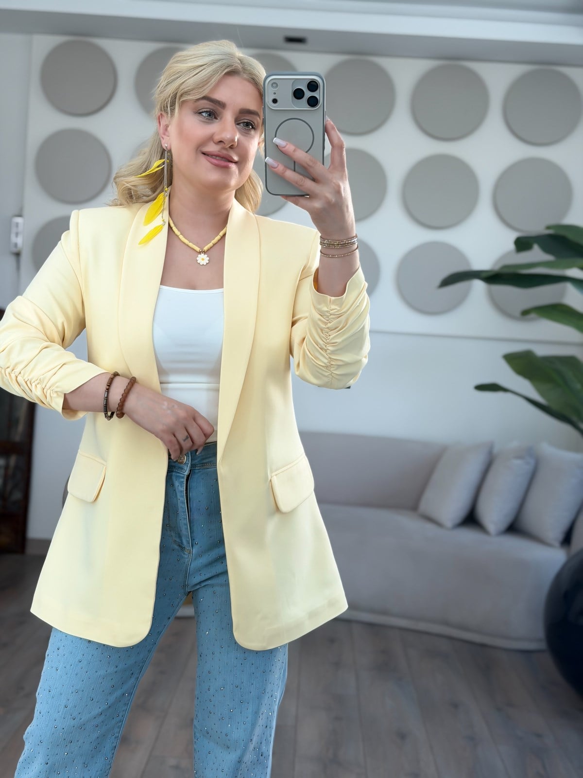 Düğmesiz Astarlı Kolu Büzgülü Blazer Ceket Sarı