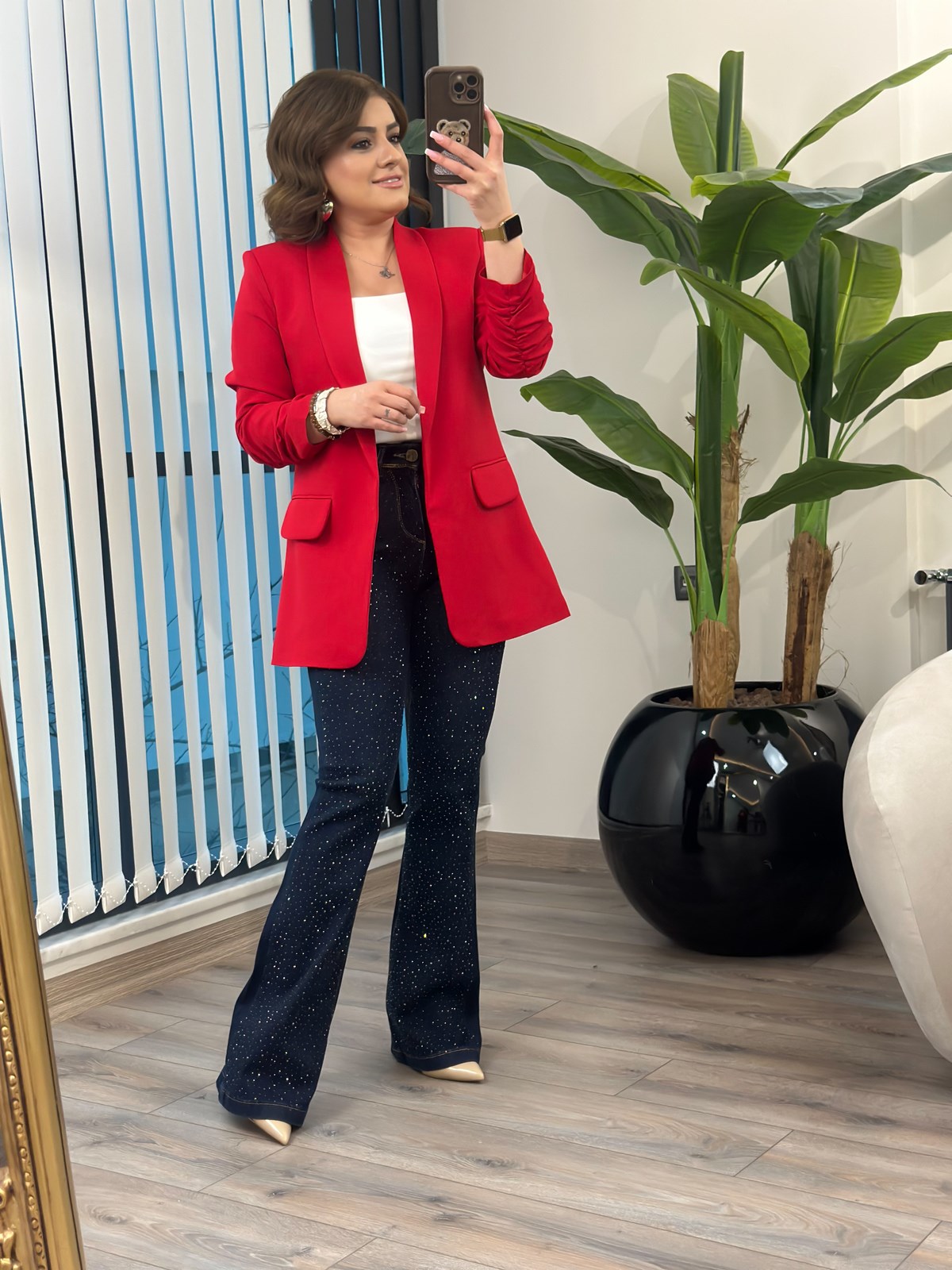 Düğmesiz Astarlı Kolu Büzgülü Blazer Ceket KIRMIZI