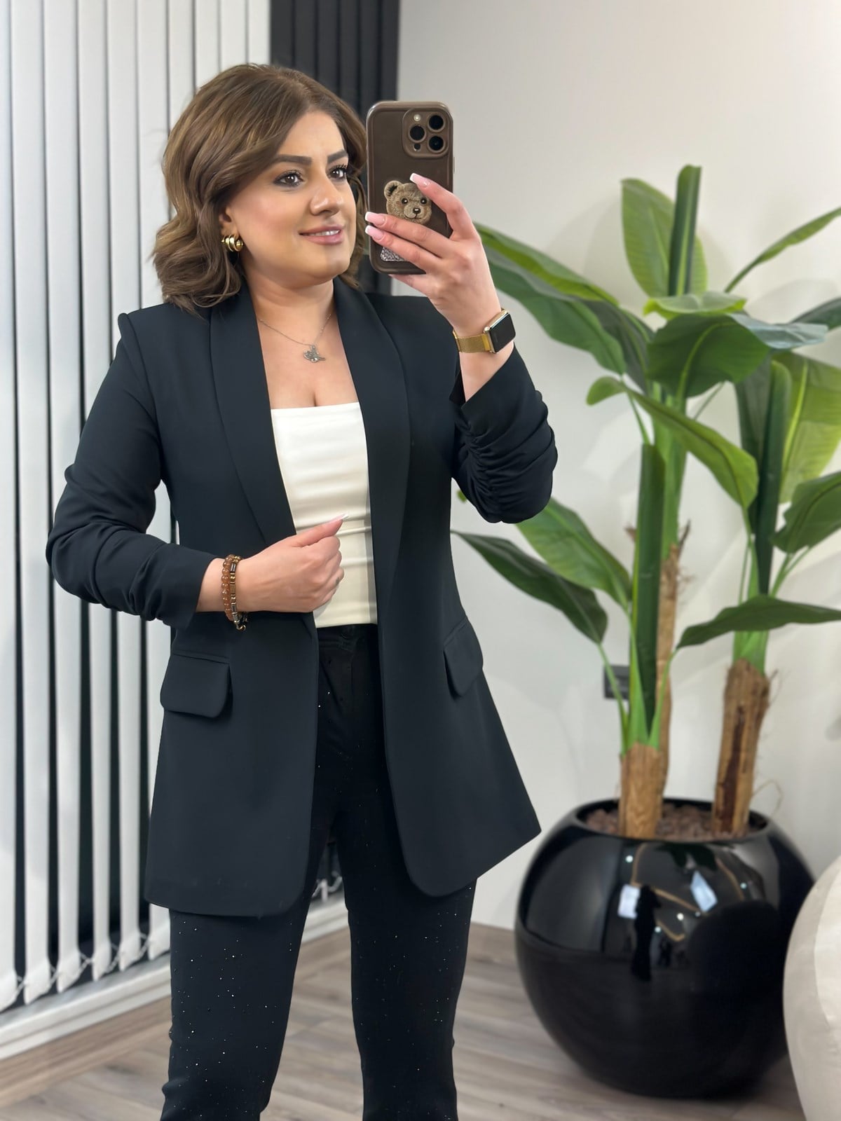 Düğmesiz Astarlı Kolu Büzgülü Blazer Ceket SİYAH