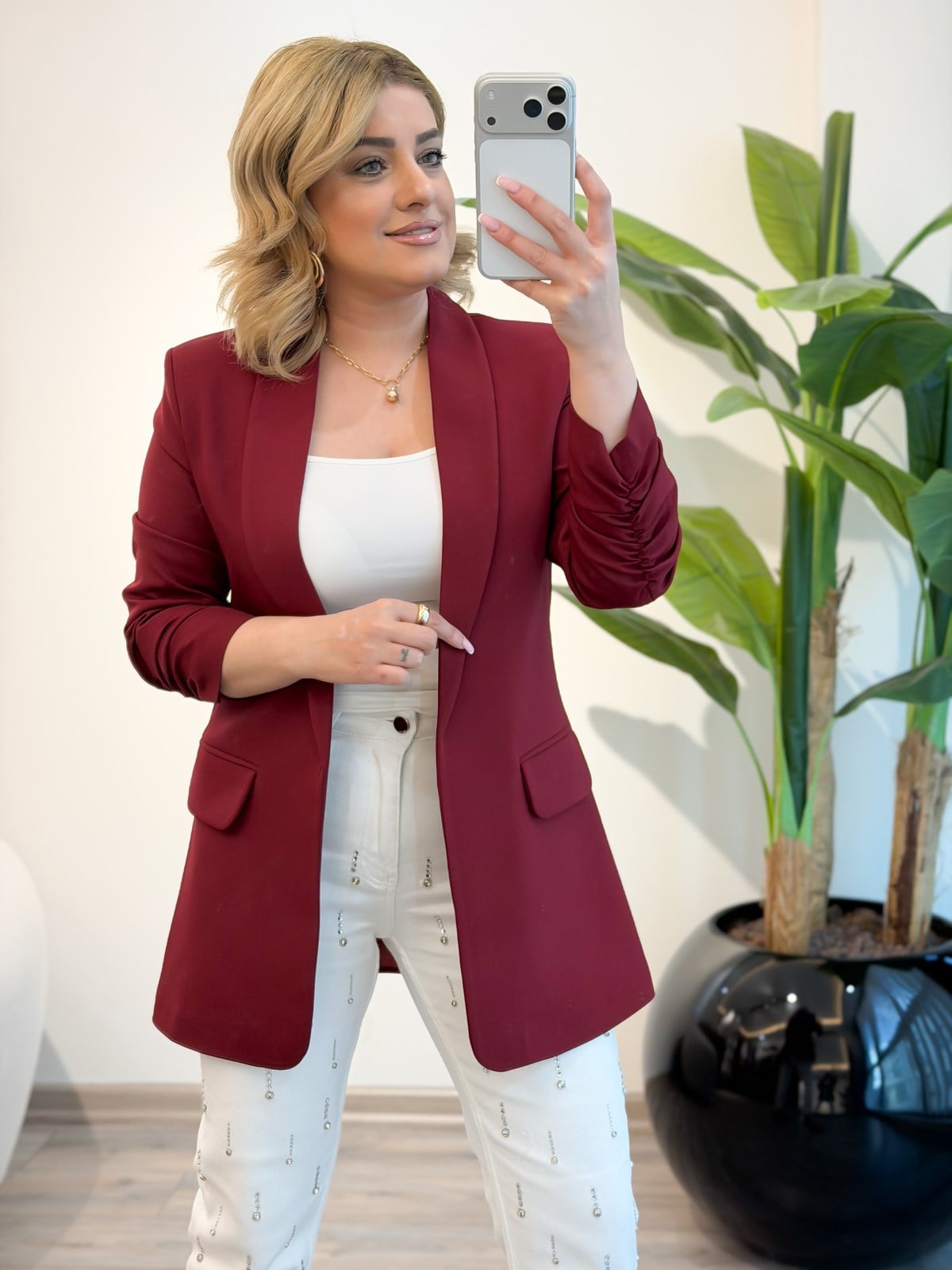 Düğmesiz Astarlı Kolu Büzgülü Blazer Ceket BORDO