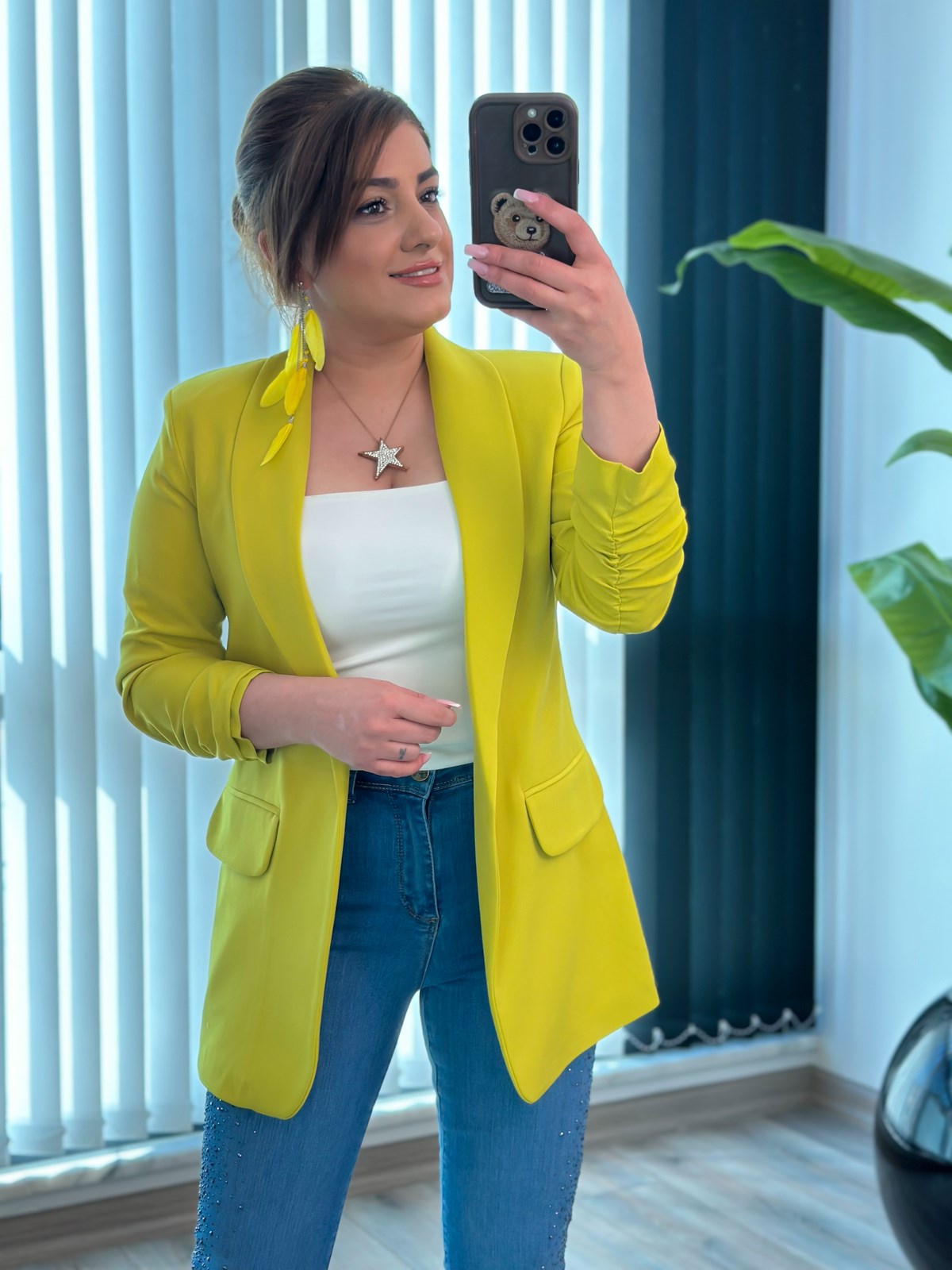 Düğmesiz Astarlı Kolu Büzgülü Blazer Ceket Kivi