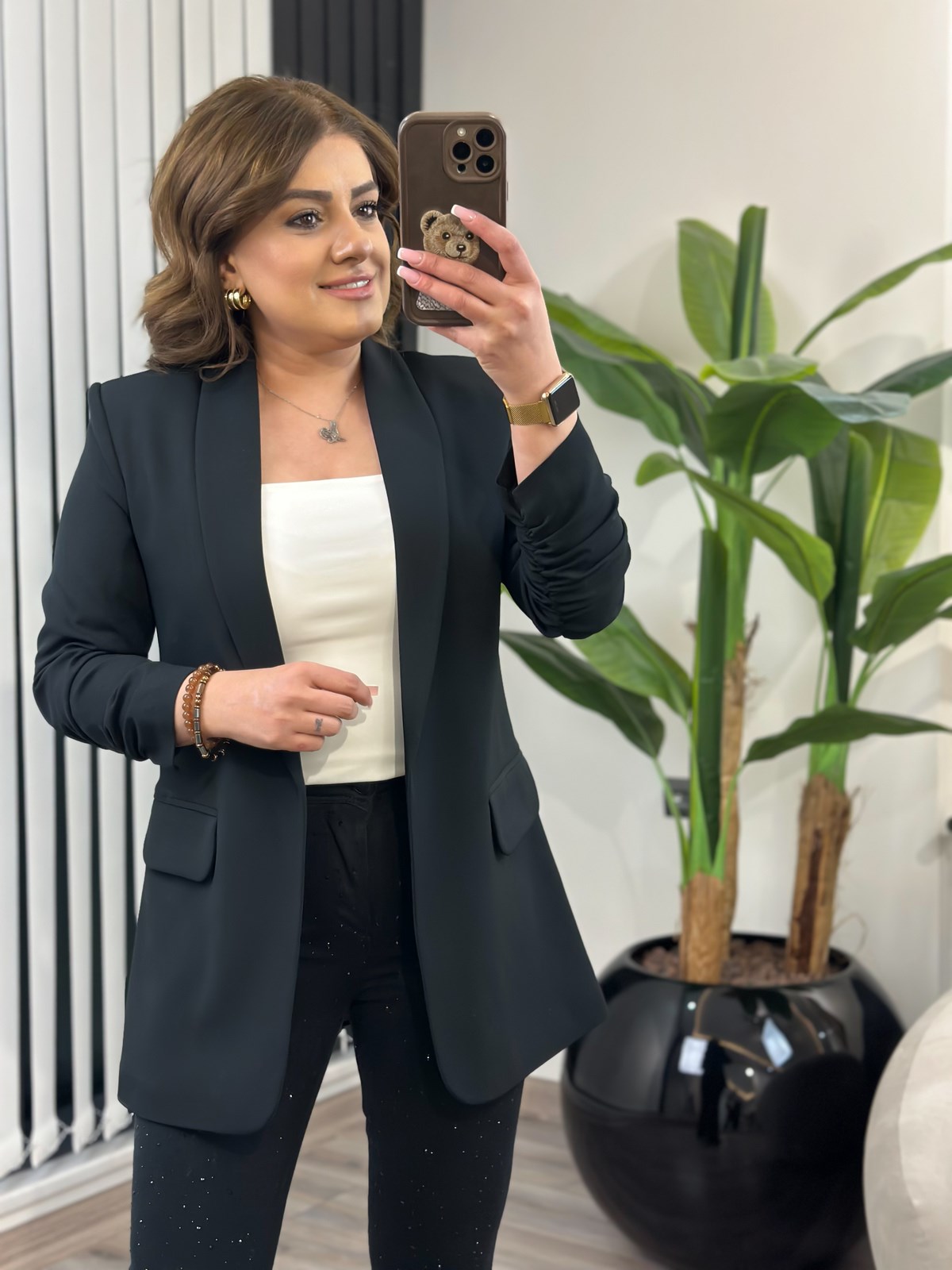 Düğmesiz Astarlı Kolu Büzgülü Blazer Ceket SİYAH