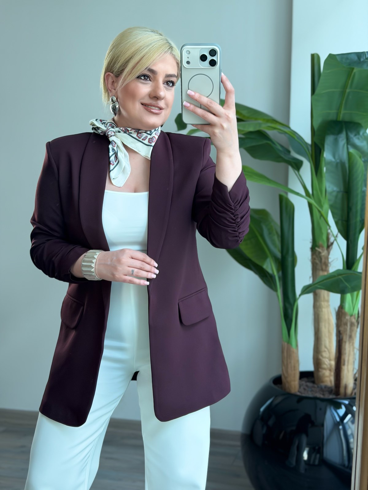 Düğmesiz Astarlı Kolu Büzgülü Blazer Ceket MÜRDÜM