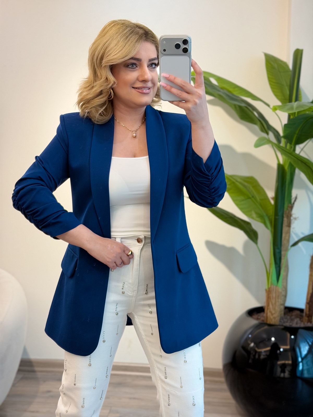 Düğmesiz Astarlı Kolu Büzgülü Blazer Ceket İNDİGO