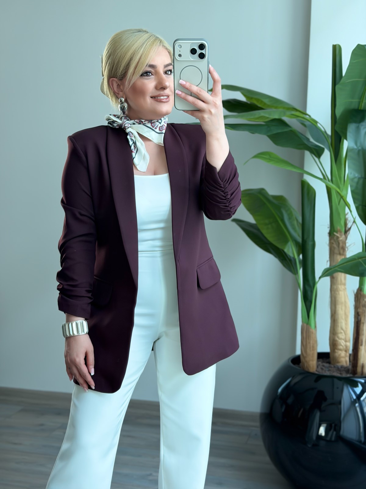 Düğmesiz Astarlı Kolu Büzgülü Blazer Ceket MÜRDÜM